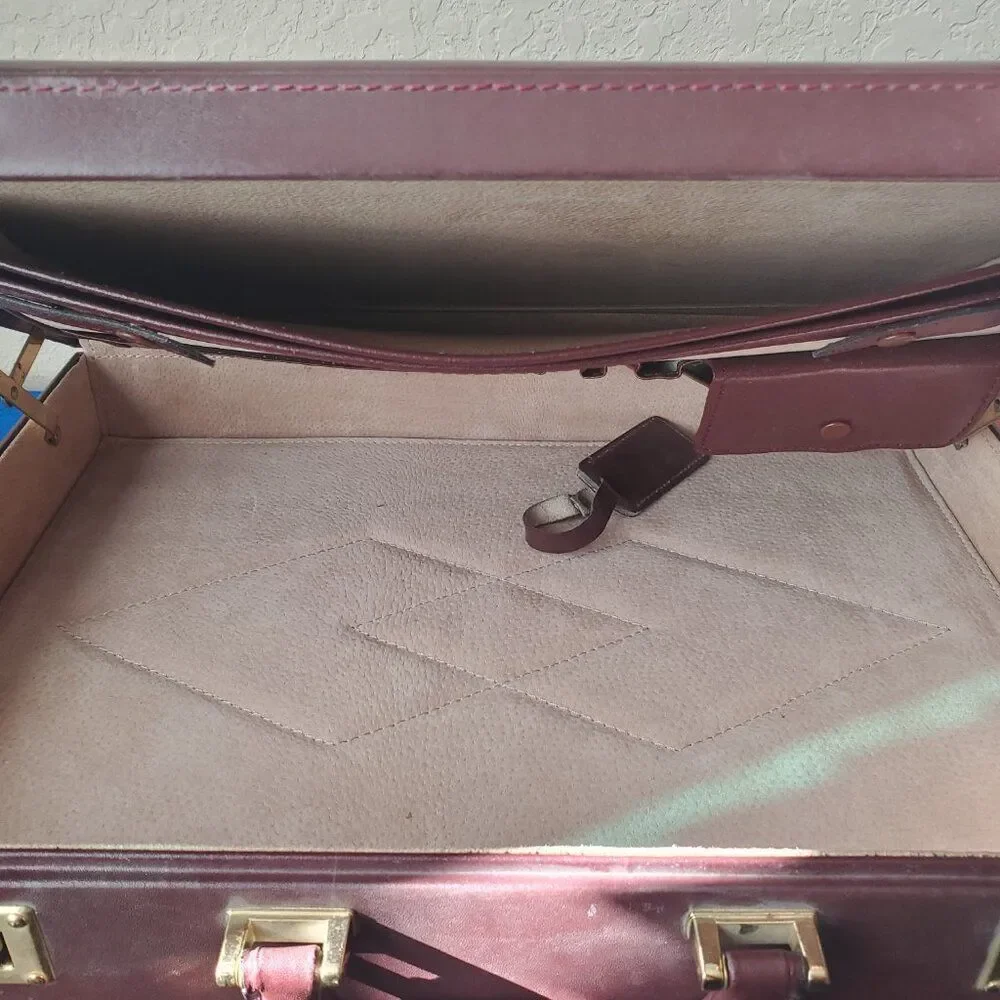 VTG Burgundy Leather Briefcase Hard Attache Case Brass Dual Combination Lock